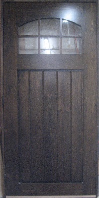 Exterior door with 6 lite arched window and lower plank panel